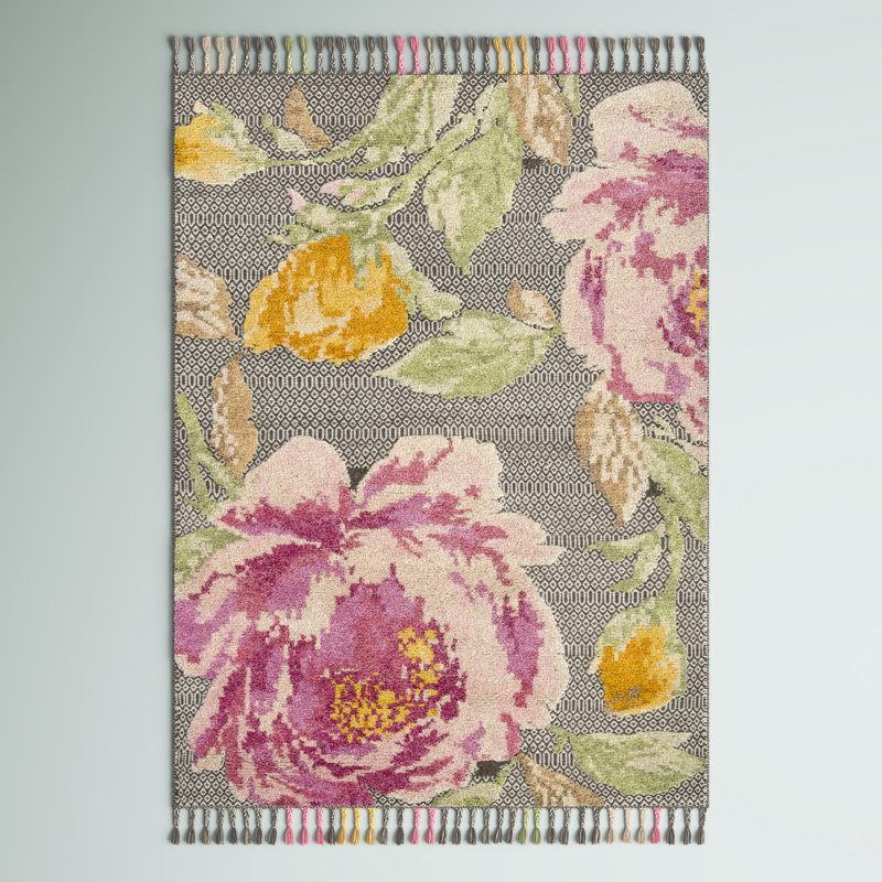 Tapis en laine / coton noué à la main Madhava noir / jaune / rose, Rectangle 9 pi x 12 pi