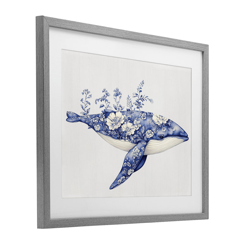 «Blooming Toile Whale», reproduction encadrée sous verre, lettrée et doublée, H 13 po x l 16 po, Cadre de ferme gris