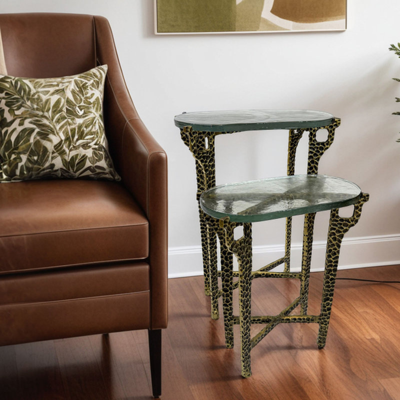 Elegant Green 26" Nesting Accent Table with Space-Saving Design, Gold