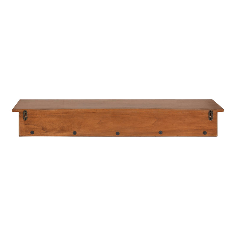 Shea Poplar Solid Wood Floating Shelf with Hooks, Walnut Brown