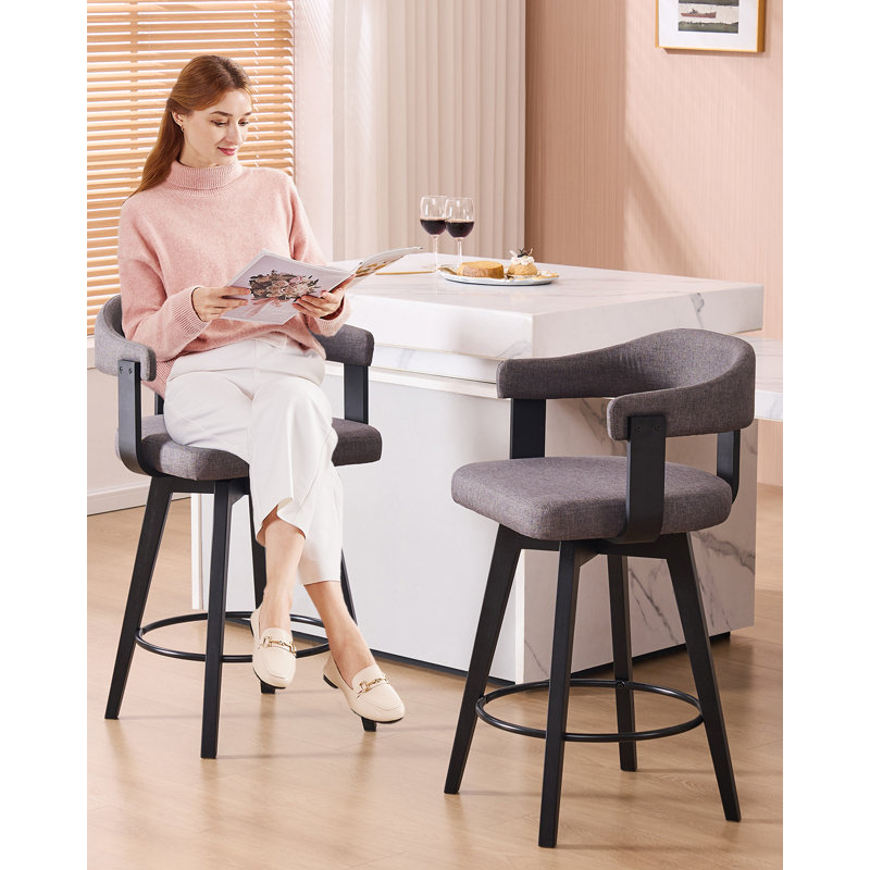 Tabouret de bar pivotant revêtu de lin 26 po, Noir, Lin gris foncé, 4