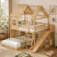 Lit superposé double au-dessus d'un lit double avec échelles et glissières, lit superposé au sol avec tablettes de rangement et garde-robe, conception de maisonnette naturelle-1703104110