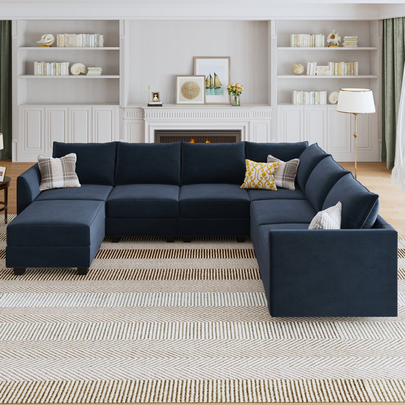 Tremee Velvet Modular U-Shaped Corner Sectional, Blue Velvet
