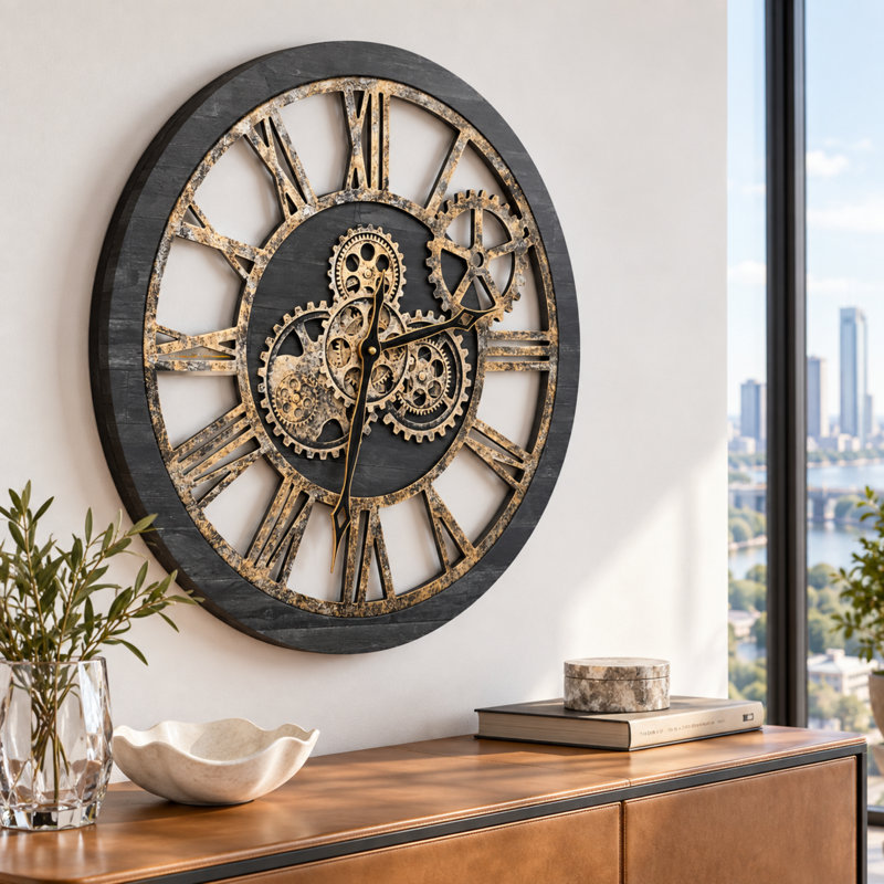 Solid Wood Skeleton Wall Clock, Vintage Black