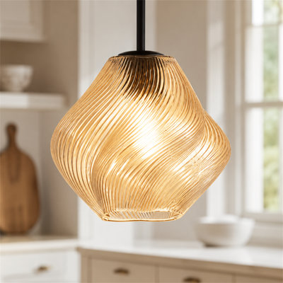 Emiliani 1-Light Twisted Geometric Glass Pendant Light for Kitchen Island, Amber