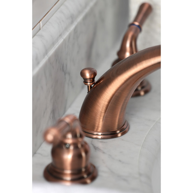 Kingston Brass Magellan Two-Handle 3-Hole Deck Mount Widespread Bathroom Faucet with Retail Pop-Up Drain, Antique Copper