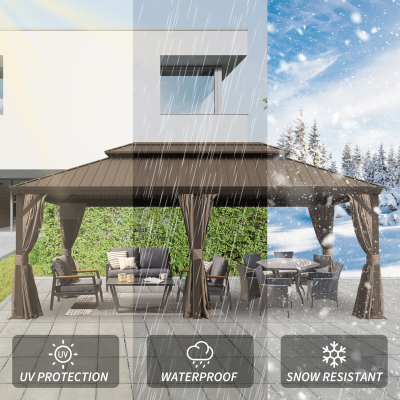 20 Ft. W x 14 Ft. D Galvanized Steel Patio Gazebo with Double Roof, Bronze, Brown