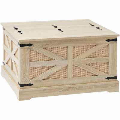 Table basse en rotin, table basse rectangulaire en bois de rotin tissé PE avec plateau en panneau de fibres à densité moyenne, table basse de rangement de style bohème moderne de 32 po avec charnières en métal rétro, pour le salon, la chambre à coucher et les petits espaces