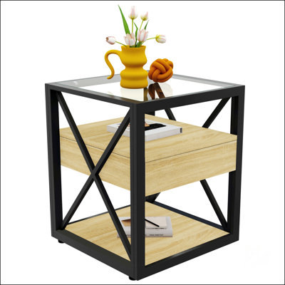 Modern End Table With Drawer - Industrial Style Nightstand For Bedroom & Living Room, Natural Wood MDF & Tempered Glass Top