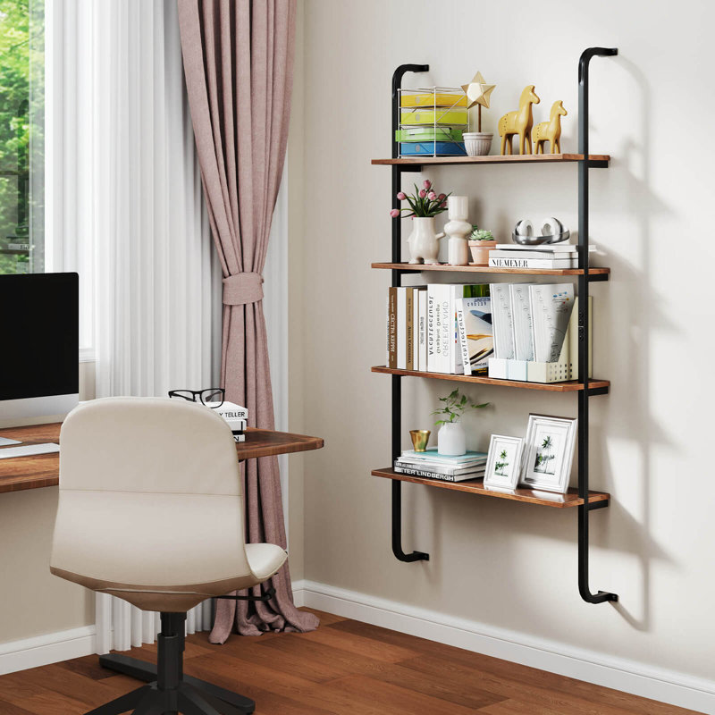 4-Tier Wall-Mounted Ladder Shelf Display Bookshelf With Heavy-Duty Metal Frame, Brown