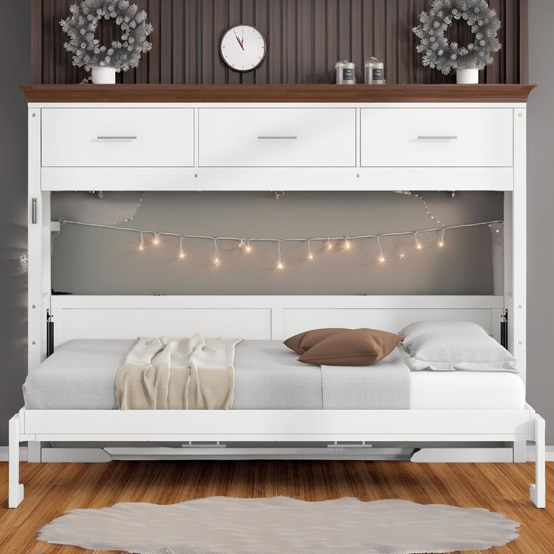 Lit escamotable simple avec 3 tiroirs - Lit escamotable mural - Finition blanche - Capacité de 400 lb