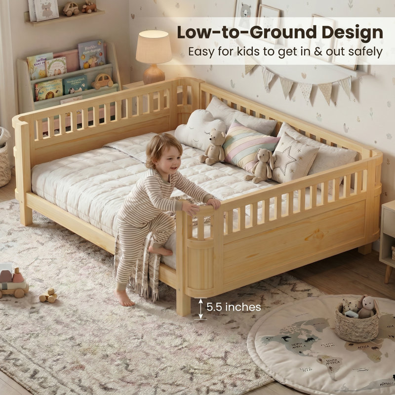 Low Profile Kids Platform Bed with Safety Rails, Removable Guardrail Toddler Bed Frame, Wood Slat Support, Natural, Queen