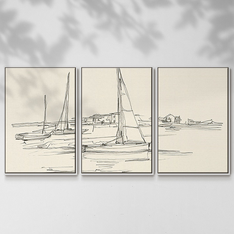 Croquis de bord de mer I 3 pièces, H 24 po x l 48 po x P 2 po, Blanc