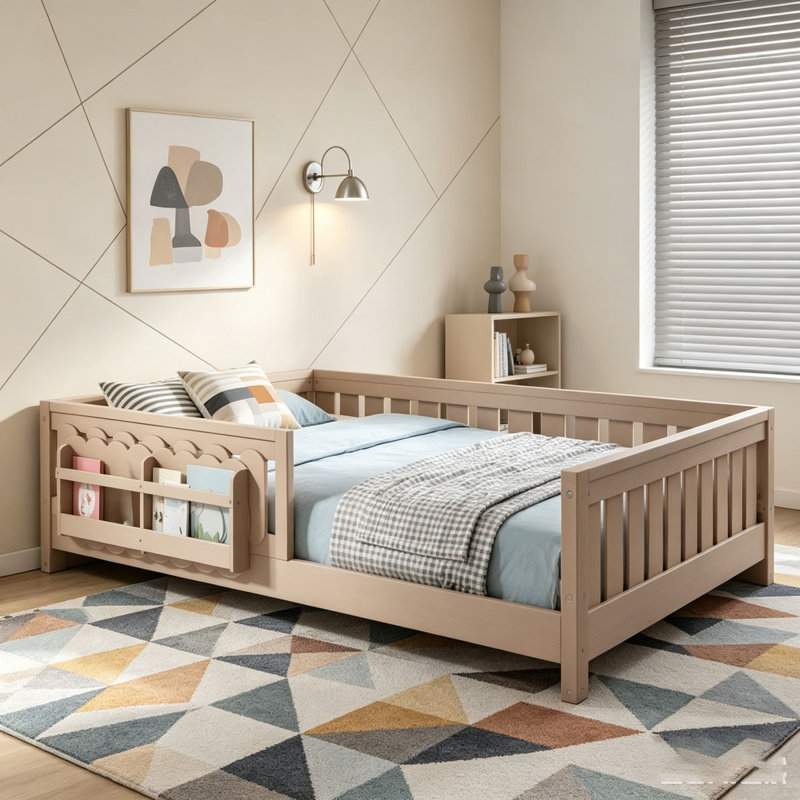 Lit plateforme avec garde-corps et tablettes de rangement, Naturel