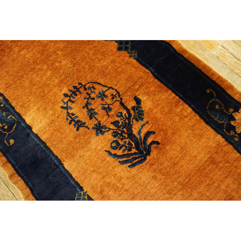 Floral Hand Knotted Wool Pile Antique Chinese Peking Hallway Runner Rug