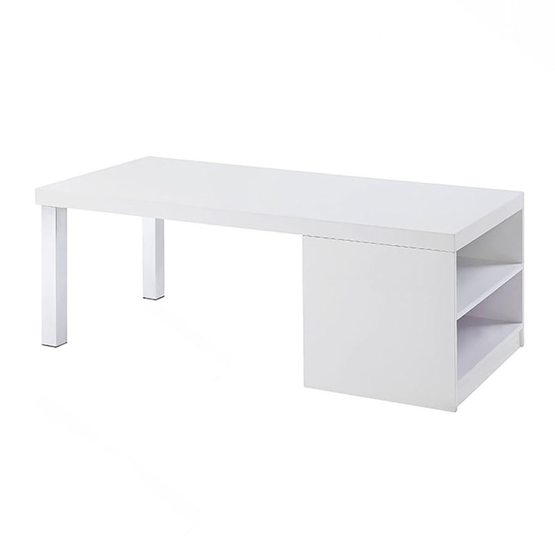Table basse blanche ultrabrillante et chrome.