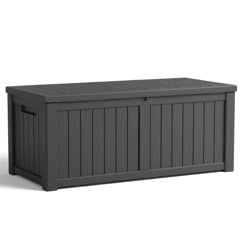 150 Gallon Outdoor Storage Box, Weather-Resistant Resin Deck Box with Wood Grain, Lockable Patio Bin for Garden Tools, Pool Supplies, Furniture Cushions and Outdoor Toys