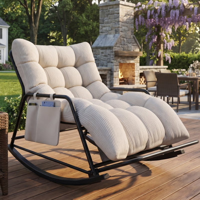 Oversized Papasan Rocking Chair with Thick Full‑Length Corduroy Cushion, Footrest & Storage Pocket, Heavy‑Duty Steel Frame, Indoor Outdoor Accent Chair for Bedroom Living Room Balcony, Beige