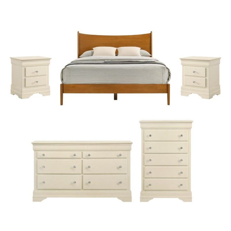 Barvelle Solid Wood 5 Piece Bedroom Set, Orange/Ivory, 5 Pcs: Bed, 2 Dressers, 2 Nightstands
