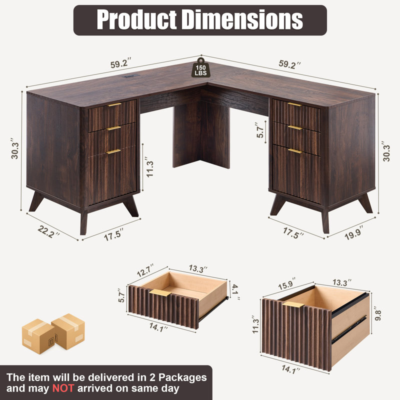 Bureau de direction en L 59 po, Dark Walnut