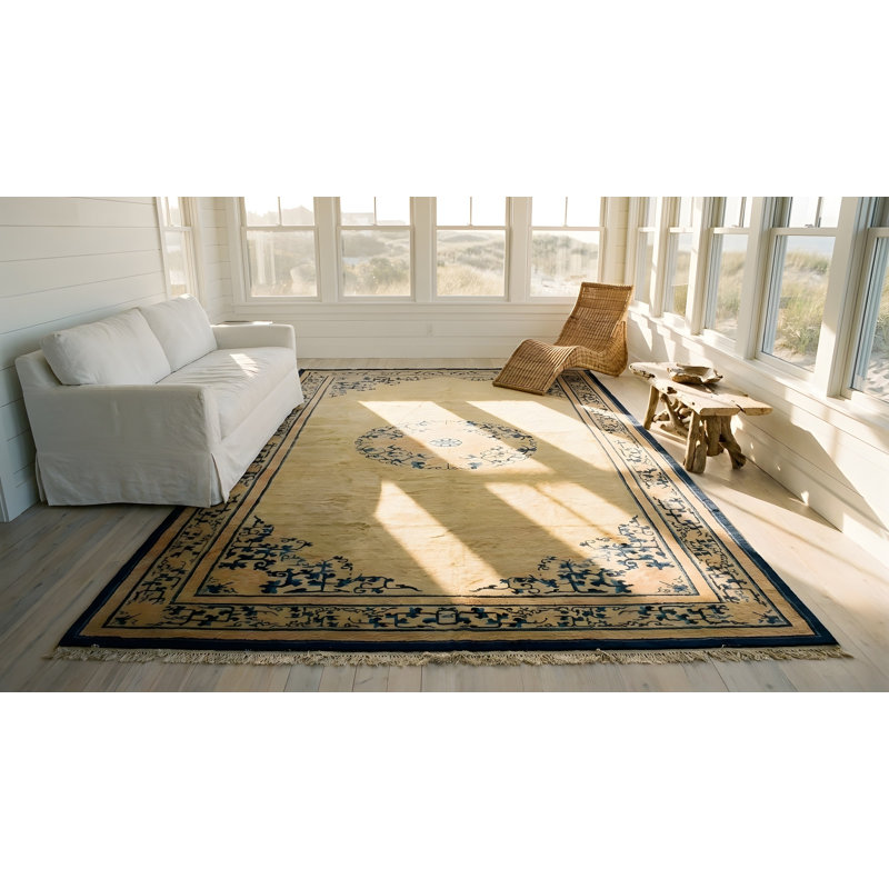 Ivory Cream Color Antique Greek Key Pattern Peking Oversized Chinese Carpet