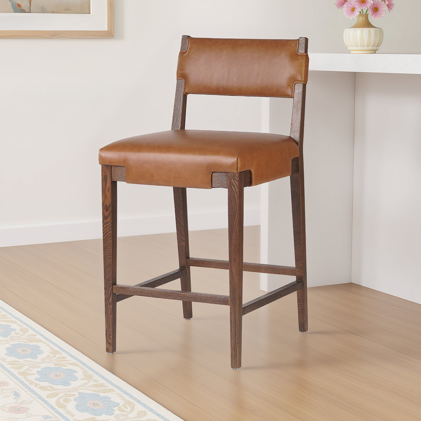 Bilbrey Leather Stool, Counter Stool (27.75" Seat Height), Brown Genuine Leather, Brown