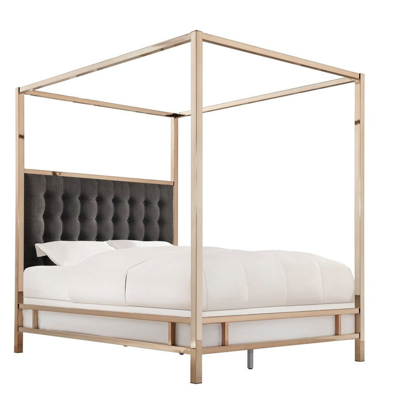 Pettaway Upholstered Metal Canopy Bed, Queen, Heathered Dark Gray Linen, Champagne Gold