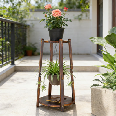 Support à plantes rond en bois à 2 niveaux pour l'intérieur et l'extérieur