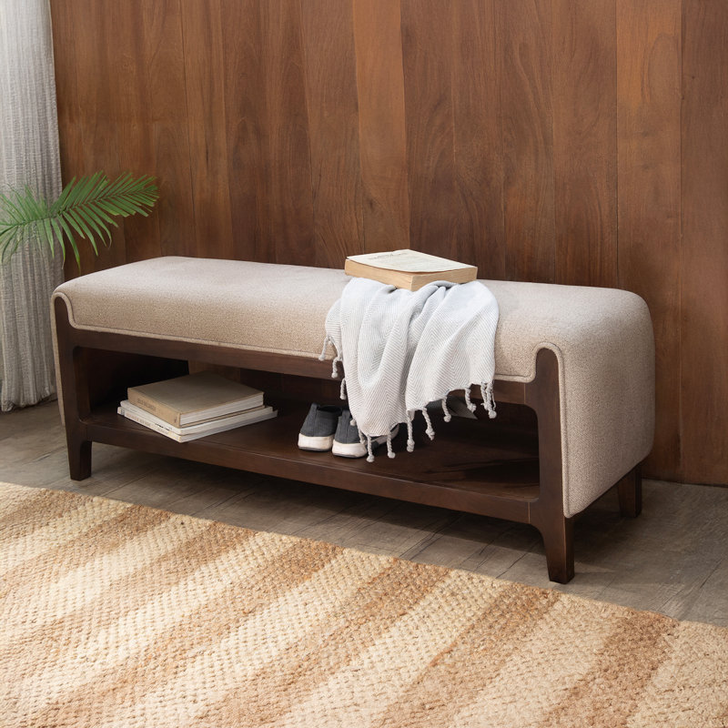 Noah Solid Wood Entryway Storage Bench with Upholstered Polyester Seat and Open Shelf, Walnut