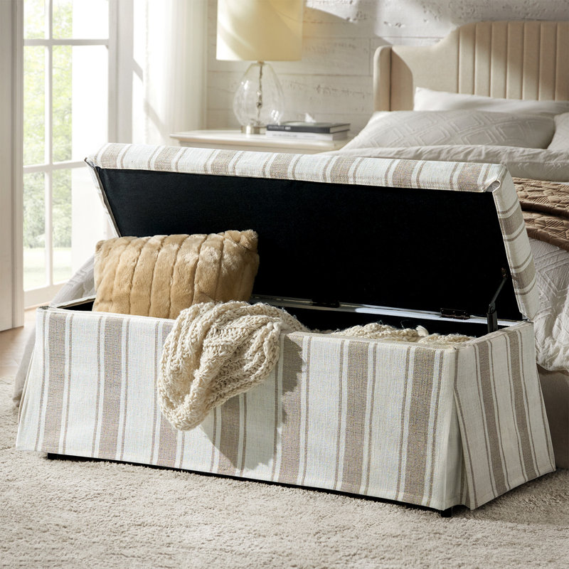 Lessman 46.5" Farmhouse Storage Bench with Removable and Machine-Washable Slipcover, Tan Stripe