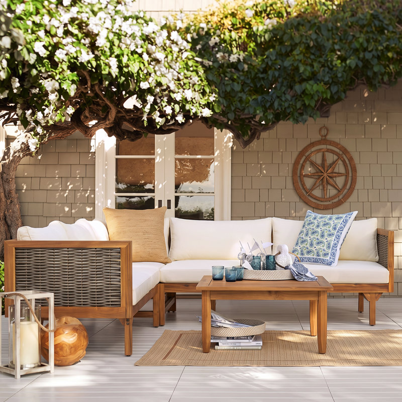 Eli Patio 4-Piece Acacia Wood Sectional Sofa Set With Removable Cushions, Beige