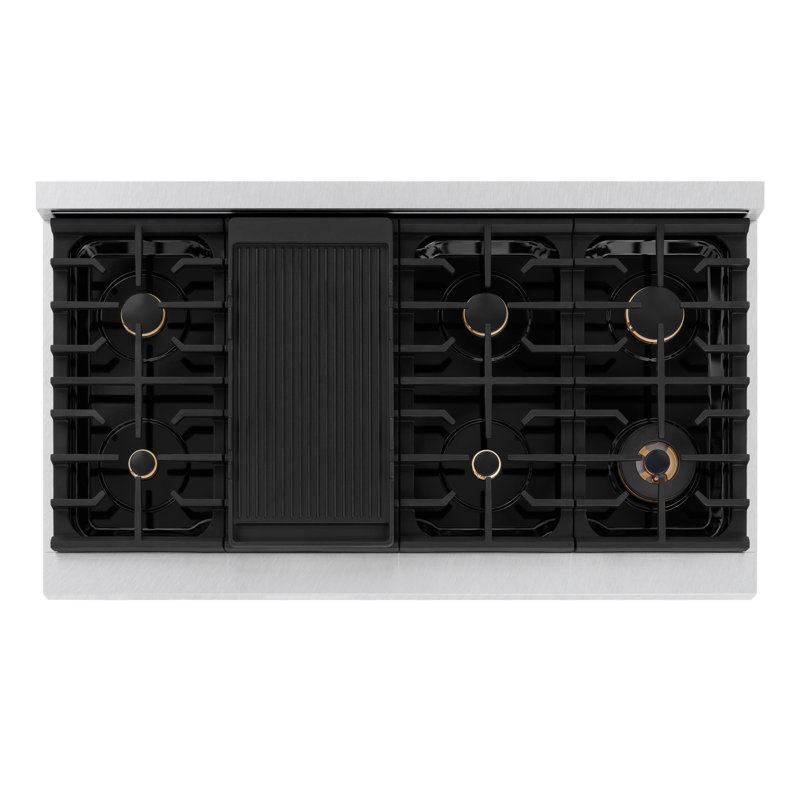 ZLINE Autograph DuraSnow® 48 in. Gas Range w/ White Matte Doors and Gold Accents, Polished Gold