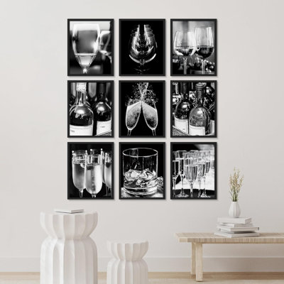 Black White Wine Champagne Glass Food Drinks Minimal Culinary Celebrations Framed On Paper 9 Pieces Print -  SIGNLEADER, WSF-ABS24-2308-FO39-B.BK-11x14x9