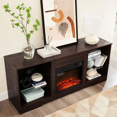 Table de télévision moderne avec foyer électrique de 58 po de largeur, hublots, foyer de 1400 W, meuble télé 3 niveaux d'intensité lumineuse et rangement pour porte en verre: l 58 po x H 24,4 po x P 15,5 po, 18 po à 62 po