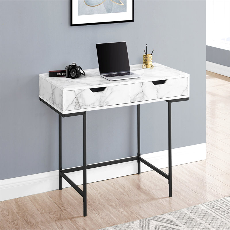 Bureau d'ordinateur, bureau personnel, ordinateur portable, tiroirs de rangement, L 48 po, bureau, stratifié aspect marbre blanc, métal noir, contemporain, moderne