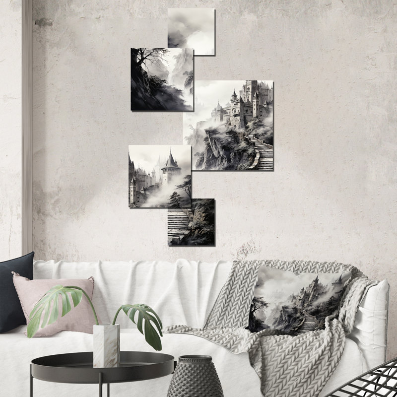 Château féerique gris féerique - ensemble d'art mural carré fantaisie