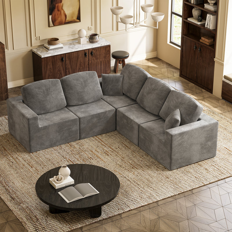 126" Boneless L-Shaped Modular Sectional Couch, Cloud U-Shaped Sectional Sofa with Wide Armrest, Gray Corduroy