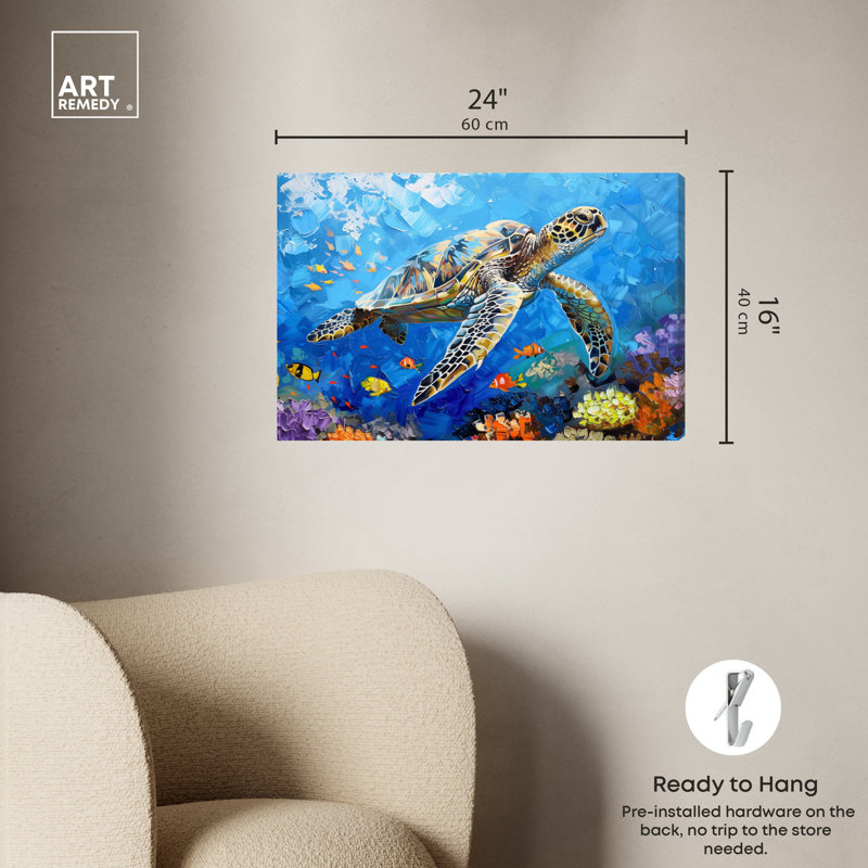 Colorful Coastal Turtle Swimming Canvas Wall Art, 24" x 16"