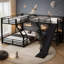 Lit superposé simple au-dessus d'un grand lit en forme de L avec lit mezzanine simple, lit superposé triple en métal avec glissade et ports USB-1704031596