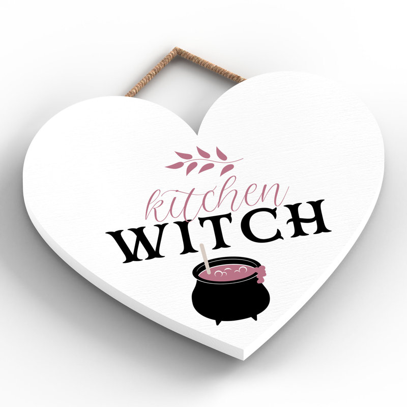 Kitchen Witch Wooden Heart Plaque, 16cm H x 17cm W x 0.9cm D, White
