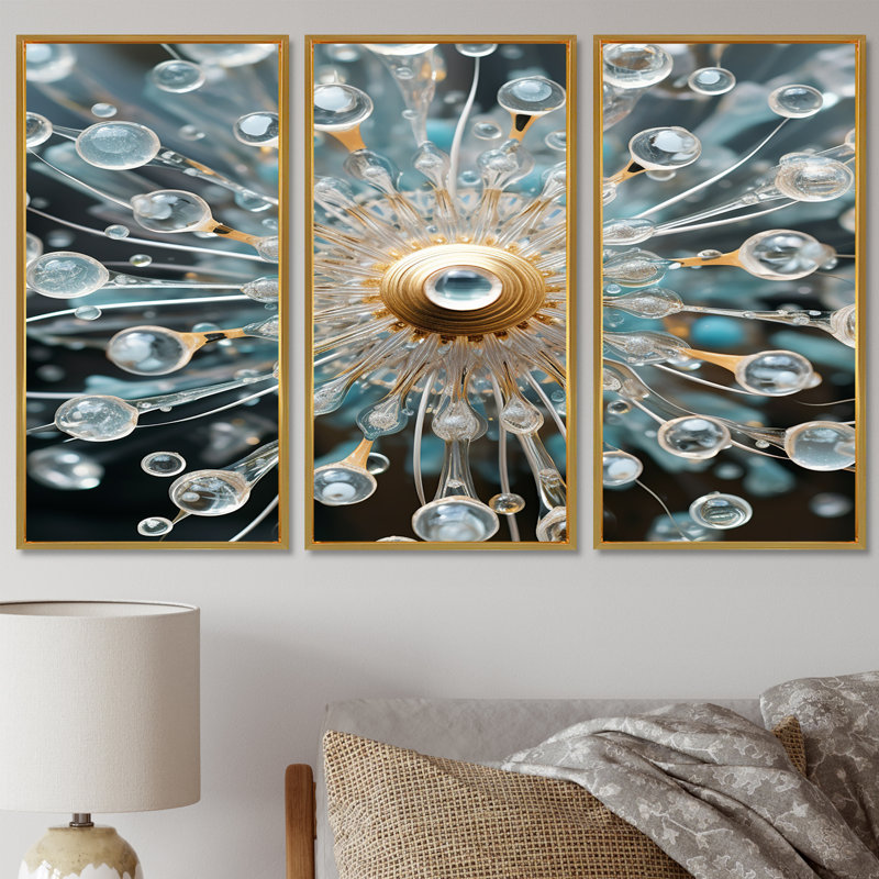 «Dew-Kissed Dandelion Water Droplets - Dandelion», ensemble de décorations murales, Cadre flottant doré