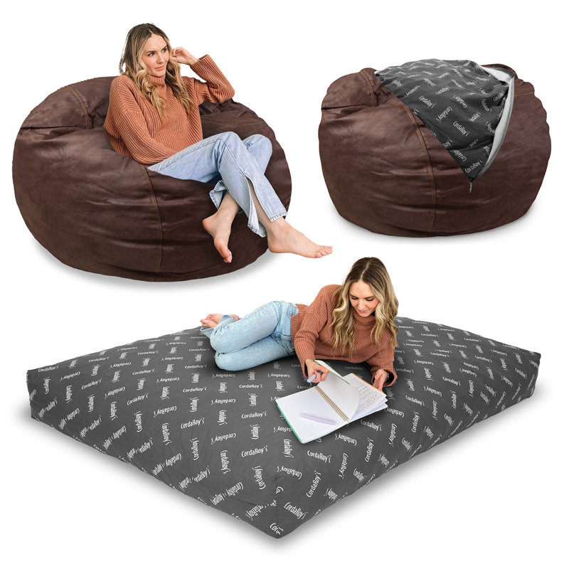 CordaRoy's Faux Leather Convertible Bean Bag Chair, Coffee Faux Leather, Medium (Queen)