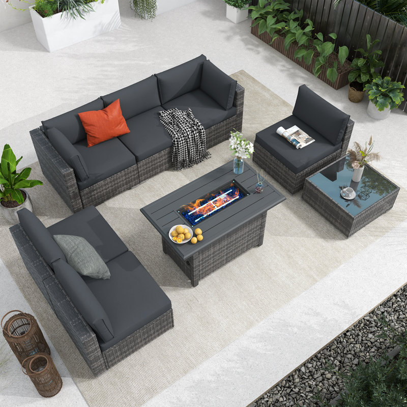 Caydin 6-Person Modular Sectional Seating Group with Fire Pit Table, Gray Frame/Light Gray Cushion, 12.6"H x 25.6"L x 28.7"W 