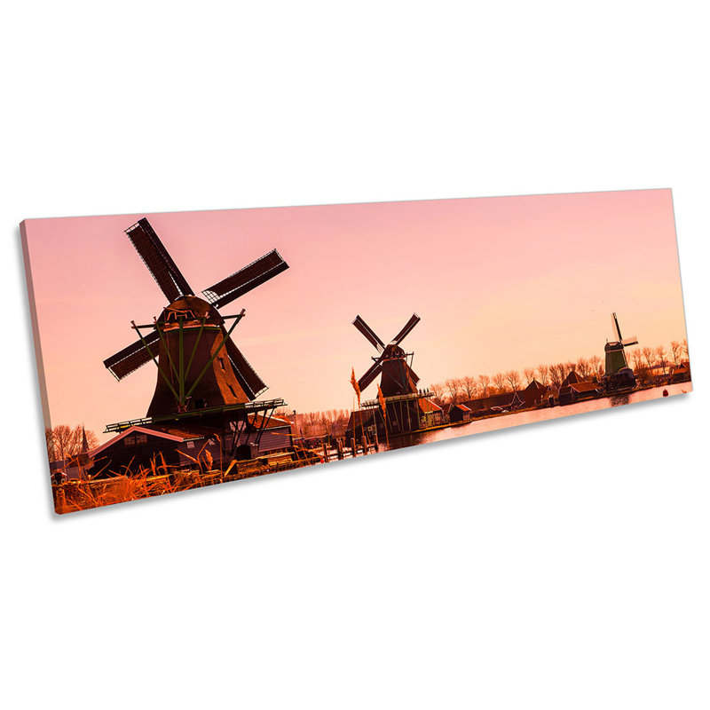 Windmills Holland Sunset - Wrapped Canvas Panoramic Art Prints, 30.48cm H x 91.44cm D