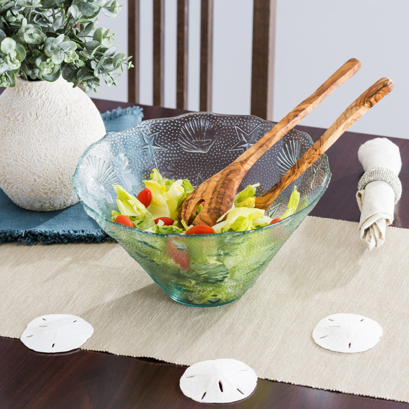 French Home Recycled Clear Glass 12"W x 6"H, Coastal Salad Bowl and Olive Wood Servers