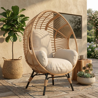 Hanging Egg Chair with Stand, 400 lbs Weight Capacity Patio Swing, Arc Back Design with 8-Inch Thick Cushion, PE Rattan Wicker for Indoor Outdoor Garden Lounge