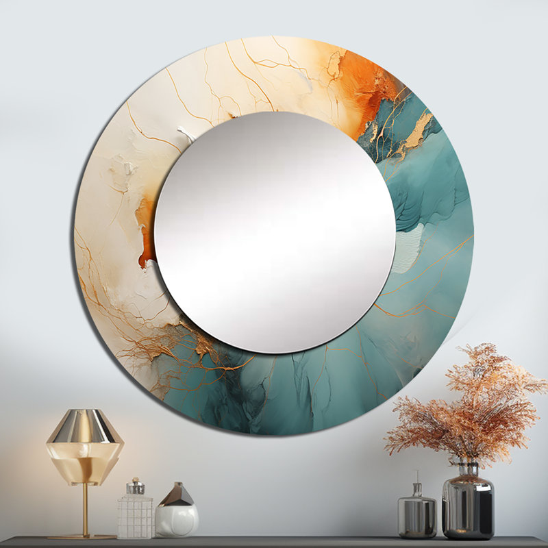 Teal Orange Bold Energy V - miroir de barrage, miroir mural rond bleu sarcelle unique, impression d'art en métal