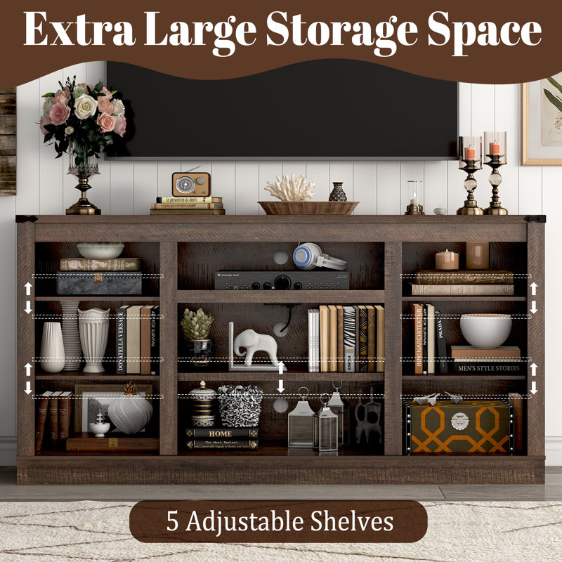 66" Farmhouse TV Stand With Power Outlets For 75 65 Inch TVs, Entertainment Center With Sliding Barn Door & Large Storage Cabinets w/5 Adjustable Shelves, 33" Tall TV Media Console