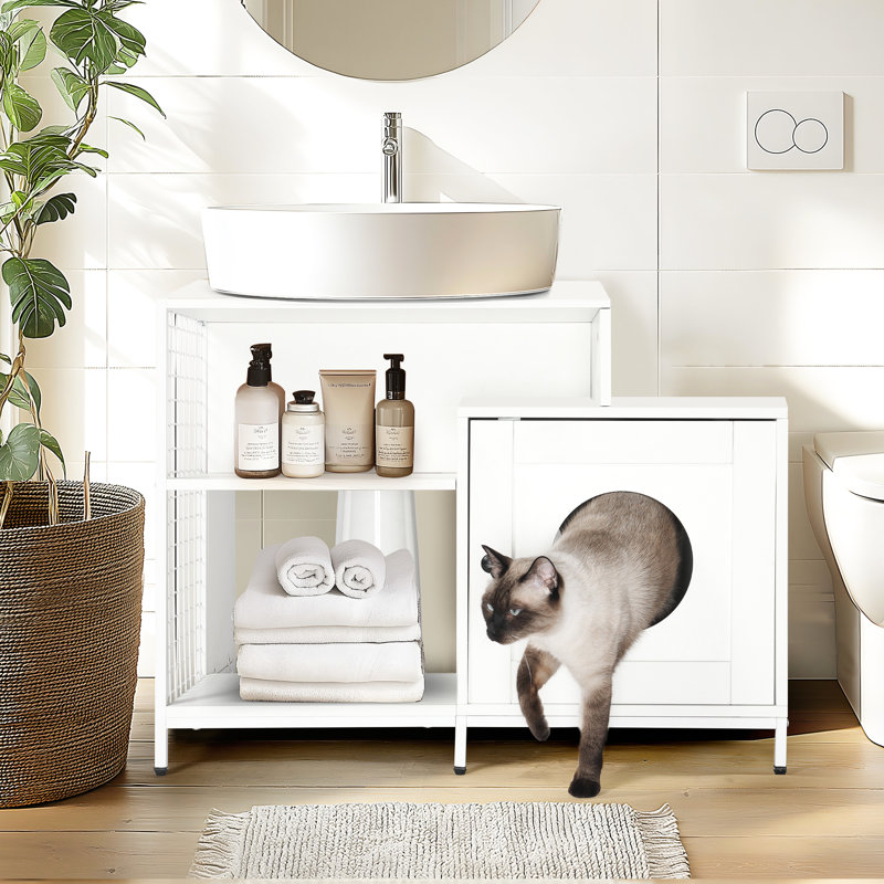 Bac à litière pour salle de bain, blanc avec rangement pour grands chats, installation sous l'évier, panneau de particules P2 pour salle de bain, compartiment de maison, emplacement,