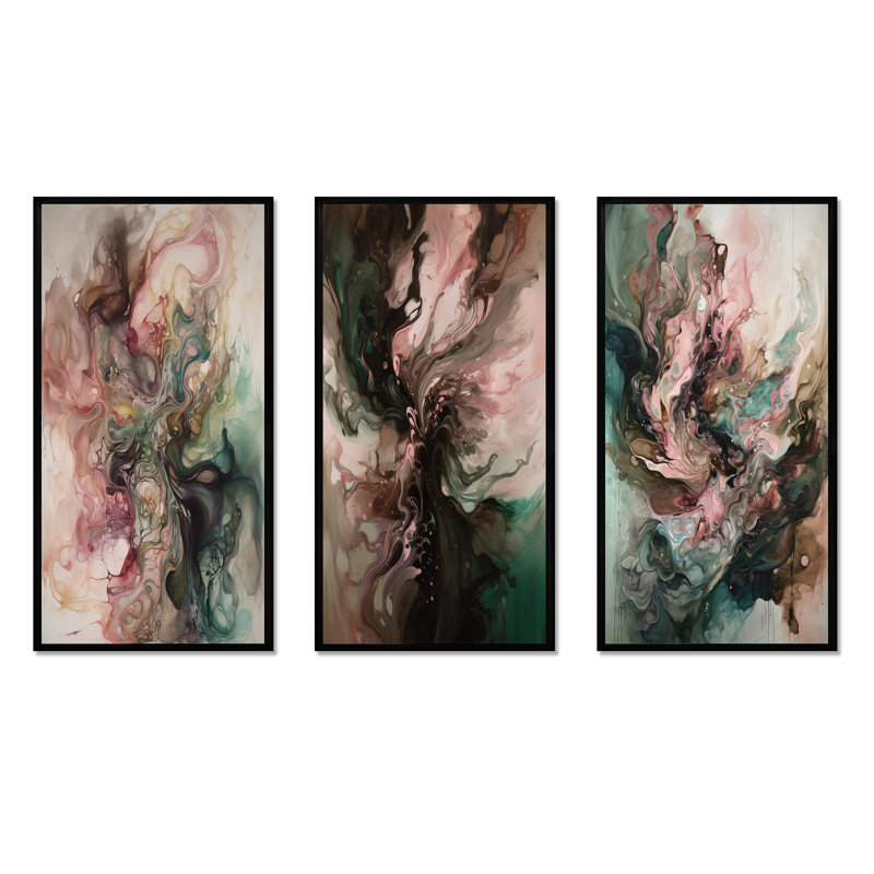 "Rose vert" Inner Worlds of Marble III - 3 pièces sur toile à motif géométrique abstrait, Cadre flottant noir